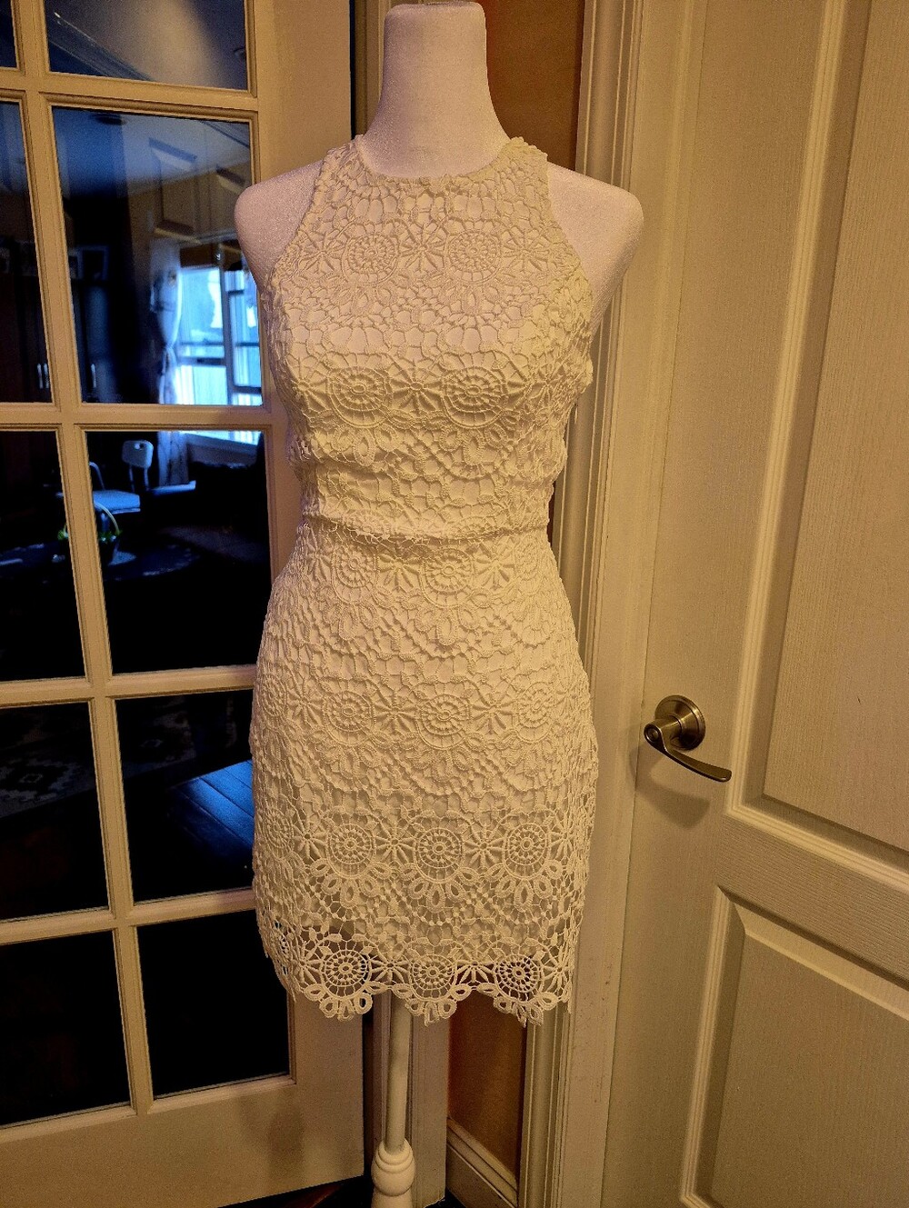 Hollister  White  Crochet Halter Mini Dress - Floral Lace Detail